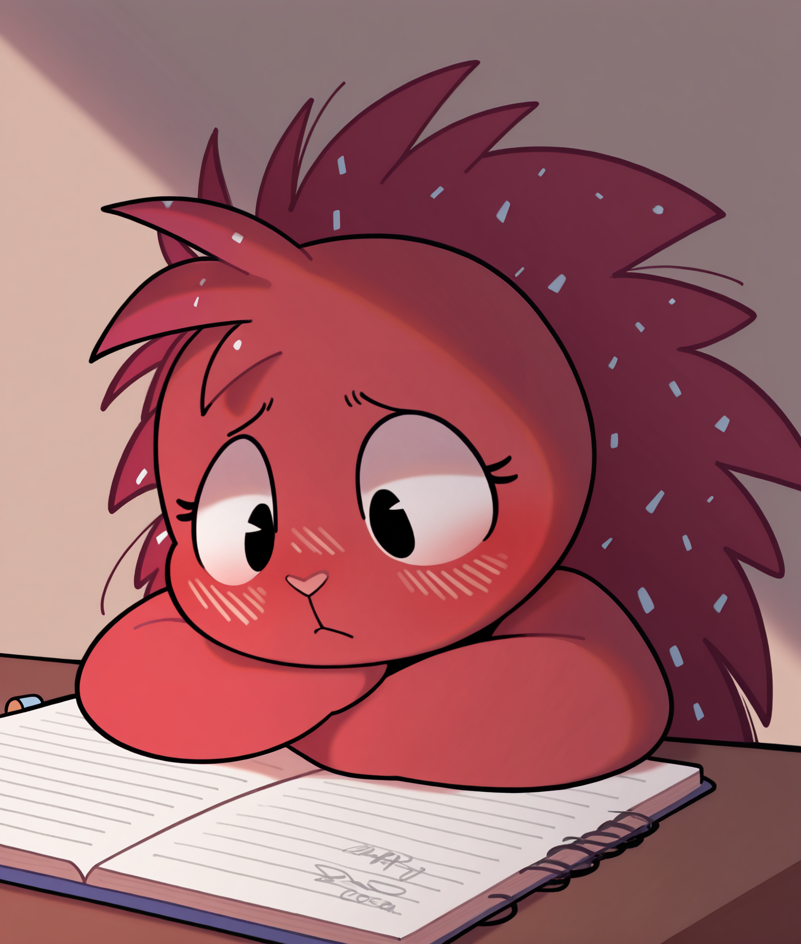 masterpiece, best quality, safe, (furry female:1.2), flaky \(htf\), solo, red fur, porcupine, spines, dandruff, frown, private study, writing in notebook, cinematic angle, focused, furrowed brows, hand resting on chin, warm tones, soft blush, intellectual, refined, by bigcozyorca, 4k, shading, <segment:yolo-Canine.pt,0.2,0.4//cid=1><segment:yolo-Face.pt,0.2,0.4//cid=2>
