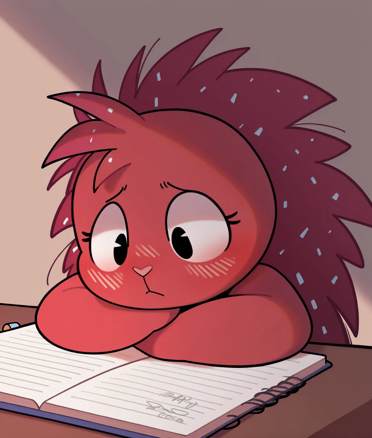 masterpiece, best quality, safe, (furry female:1.2), flaky \(htf\), solo, red fur, porcupine, spines, dandruff, frown, private study, writing in notebook, cinematic angle, focused, furrowed brows, hand resting on chin, warm tones, soft blush, intellectual, refined, by bigcozyorca, 4k, shading, <segment:yolo-Canine.pt,0.2,0.4//cid=1><segment:yolo-Face.pt,0.2,0.4//cid=2>
