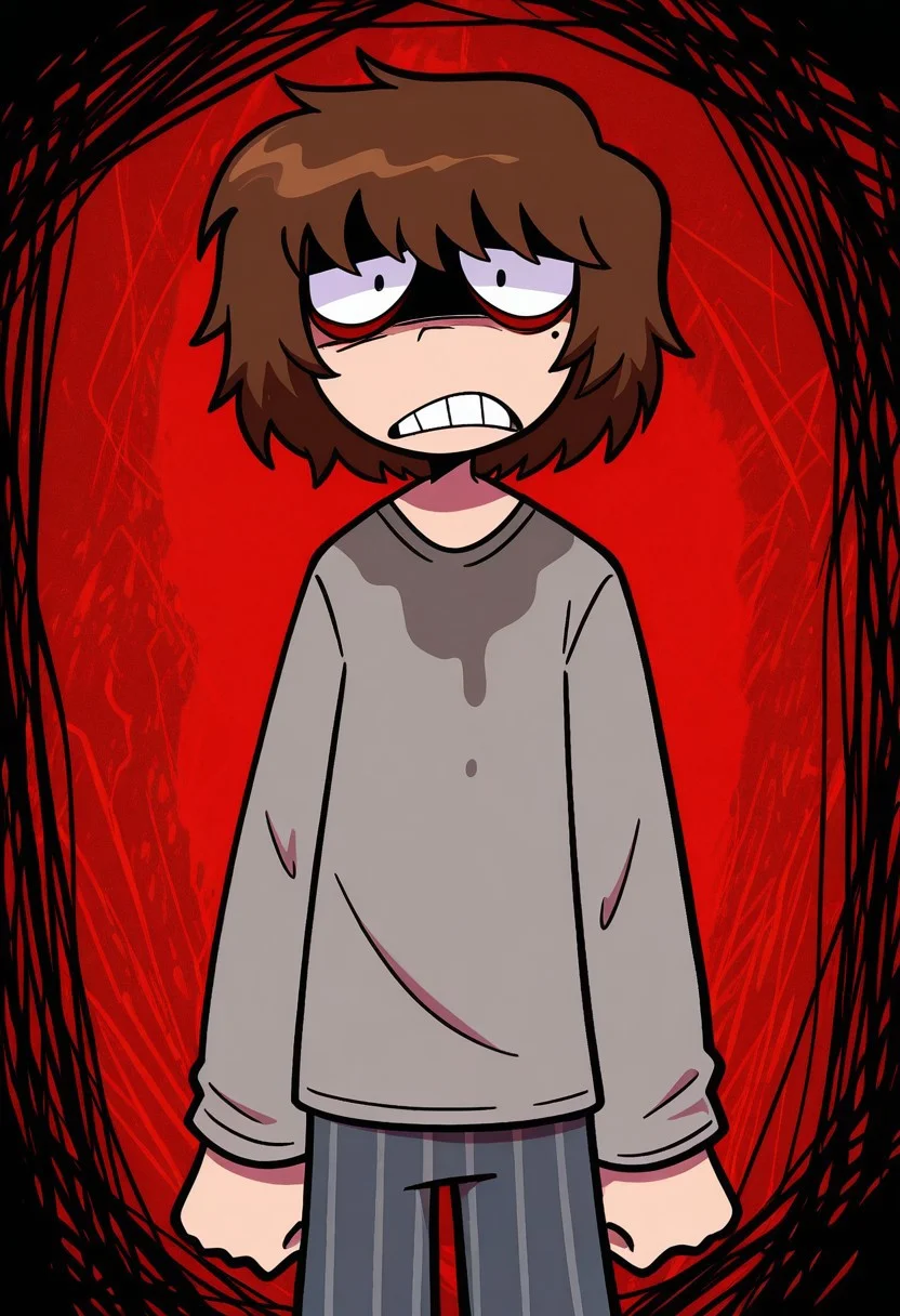 masterpiece, best quality, highres, BREAK, will_owm, 1boy, solo, black eyes, bags under eyes, mole under eye, brown hair, short hair, grey shirt, stained shirt, striped pants, angry, looking at viewer, shaded face, constricted pupils, clenched teeth, arms at sides, clenched fists, standing, cowboy shot, dutch angle, abstract background, red sky, horror /theme/