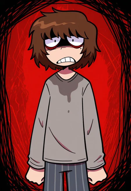 masterpiece, best quality, highres, BREAK, will_owm, 1boy, solo, black eyes, bags under eyes, mole under eye, brown hair, short hair, grey shirt, stained shirt, striped pants, angry, looking at viewer, shaded face, constricted pupils, clenched teeth, arms at sides, clenched fists, standing, cowboy shot, dutch angle, abstract background, red sky, horror /theme/