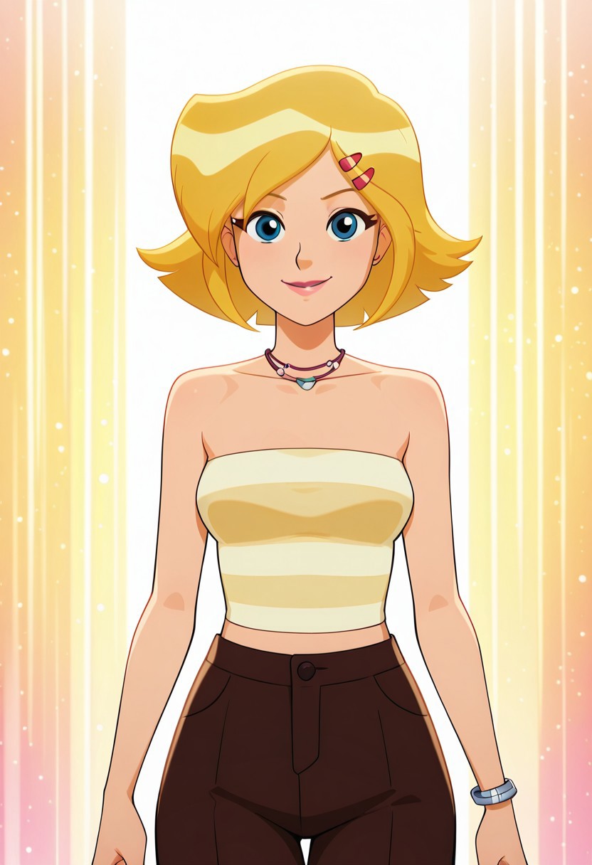 masterpiece, best quality, good quality, 1girl, solo, cartoon, totally_spies_2k24, cl0ver, blonde hair, blue eyes, white and yellow striped top, bare shoulders, brown pants, hairclip, necklace, silver bracelet, sexy, medium breasts, beautiful, detailed, high detailed, very beautiful, detailed face, detailed eyes, detailed hand, abstract background, neon, smile, looking at viewer, face focus