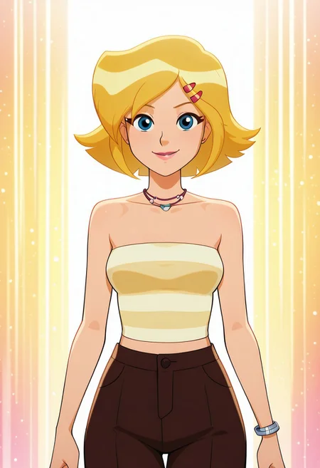 masterpiece, best quality, good quality, 1girl, solo, cartoon, totally_spies_2k24, cl0ver, blonde hair, blue eyes, white and yellow striped top, bare shoulders, brown pants, hairclip, necklace, silver bracelet, sexy, medium breasts, beautiful, detailed, high detailed, very beautiful, detailed face, detailed eyes, detailed hand, abstract background, neon, smile, looking at viewer, face focus