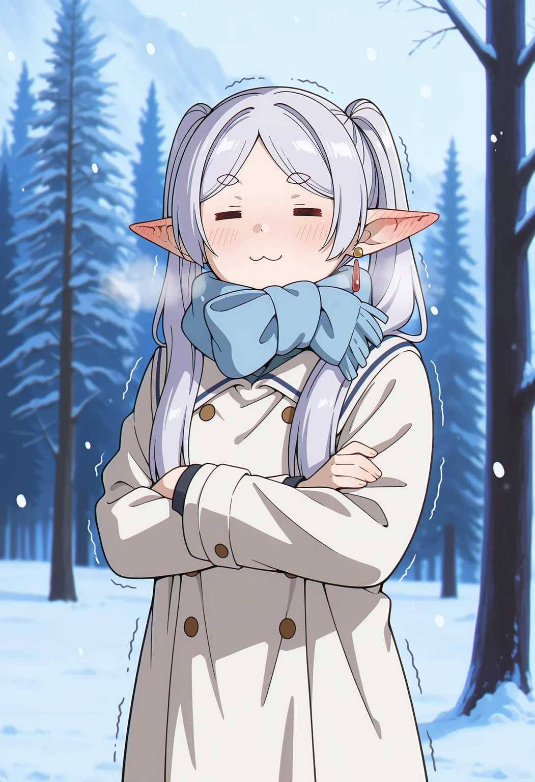 anime screencap, masterpiece, best quality,
<lora:SousouNoFrieren_Frieren_IlluXL:0.9>,
1girl, solo, ear blush, :3, =.=,
grey hair, long hair, twintails, parted bangs, earrings, pointy ears,
FrierenWinter, white coat, blue scarf, buttons, long sleeves,
standing, looking at the viewer, crossed arms, trembling, shiver lines,
forest, tree, winter, snow, snowing, blizzard, cold, nature, photo background, blurry background