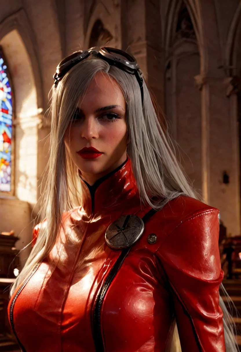 score_9, score_8_up, score_7_up, score_6_up BREAK JeanneBayo, 1girl, red clothing, biker suit, silver hair, long hair, hair over eye, grey eye, makeup, lipstick, gloves, silver and orange goggles on head, large breasts, white church, sunlight, hair covering one side of face