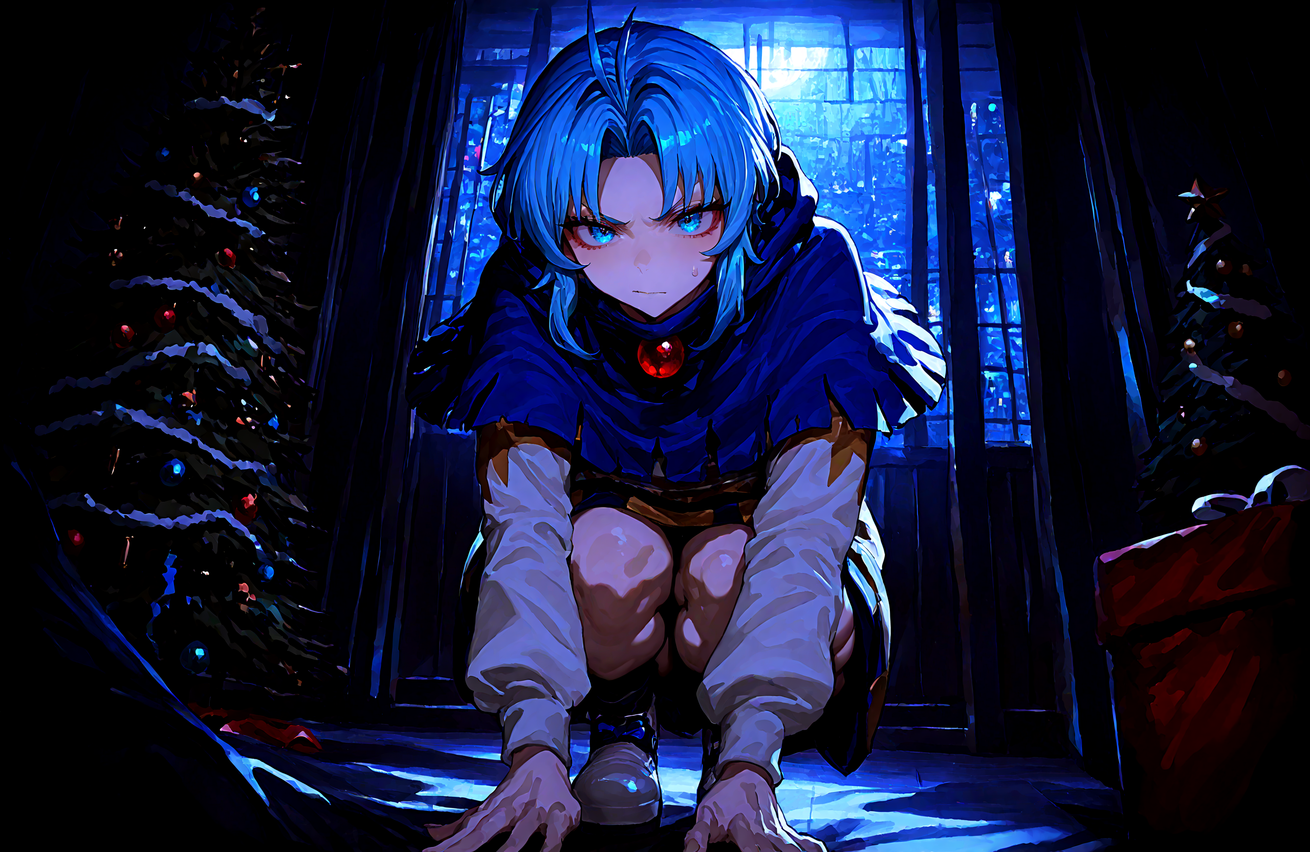 1 girl,  kumoi_ichirin , blue_capelet ,blue_eyes ,blue_hair, capelet , hood, long_sleeves, looking_at_viewer ,medium_hair ,parted_bangs ,sidelocks , solo, v-shaped_eyebrows , white_footwear,
christmas_sweater,  dark, night, indoors,
,Fishine, munakata_(sekimizu_kazuki),dekosukentr,kizuki_aruchu ï¼ireadingï¼kubo_tite_(style) ,
ï¼masterpiece, best quality, newest, absurdres, highres,
<lora:illustrious_noobai_epsilon_pred_1_best_quality_v1:0.4> ,<lora:illustrious_noobai_epsilon_pred_1_masterpieces_v1:0.4>, <lora:illustrious_noobai_epsilon_pred_11_very_aesthetic_v1:0.4>, <lora:ponyv5_noobV065S_1_adamW:0.6>, <lora:add-detail-xl:0.4>, <lora:GEN(illust) 0.2v:0.6>, <lora:USNR STYLE_XL_loha:0.6>, <lora:cfg_scale_boost:0.4>, <lora:christmas_sweater:0.8>
