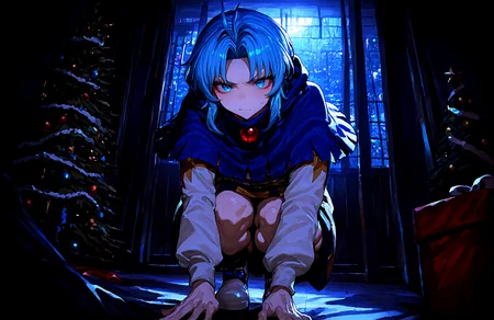 1 girl,  kumoi_ichirin , blue_capelet ,blue_eyes ,blue_hair, capelet , hood, long_sleeves, looking_at_viewer ,medium_hair ,parted_bangs ,sidelocks , solo, v-shaped_eyebrows , white_footwear,
christmas_sweater,  dark, night, indoors,
,Fishine, munakata_(sekimizu_kazuki),dekosukentr,kizuki_aruchu ï¼ireadingï¼kubo_tite_(style) ,
ï¼masterpiece, best quality, newest, absurdres, highres,
<lora:illustrious_noobai_epsilon_pred_1_best_quality_v1:0.4> ,<lora:illustrious_noobai_epsilon_pred_1_masterpieces_v1:0.4>, <lora:illustrious_noobai_epsilon_pred_11_very_aesthetic_v1:0.4>, <lora:ponyv5_noobV065S_1_adamW:0.6>, <lora:add-detail-xl:0.4>, <lora:GEN(illust) 0.2v:0.6>, <lora:USNR STYLE_XL_loha:0.6>, <lora:cfg_scale_boost:0.4>, <lora:christmas_sweater:0.8>