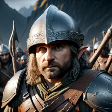 cinematic, shadowofwarstyle, cinematic angle, portrait of a hobbit, wearing a helmet and armor, preparing to go to war, high quality, 4k,