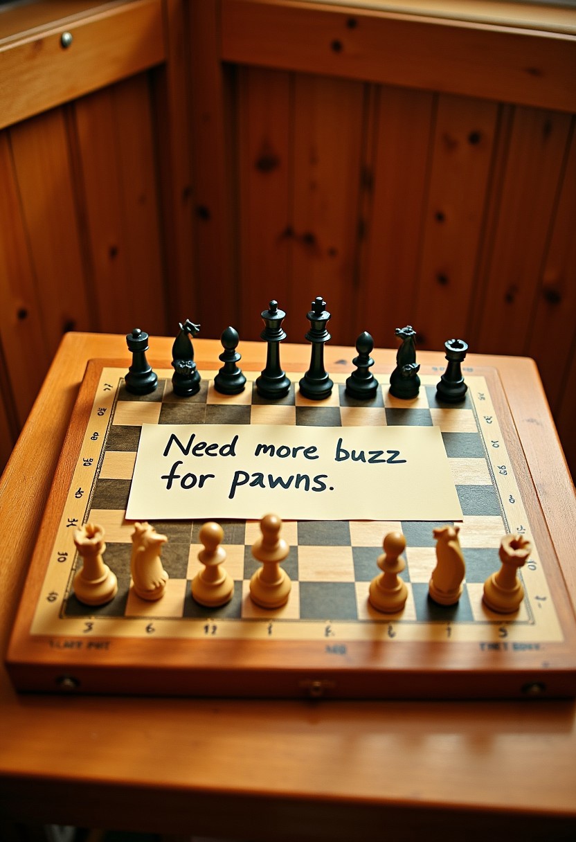 A wooden table in a wood coloured room, a chess board is placed on top of the table with all the chess pieces except pawns put on their default positions. There are no pawns on the board. On the empty space of the chess board is a paragraph of text that reads "Need more buzz for pawns.".  Below the chess board is a paragraph of text that reads "more than 18 of them to be specific.".