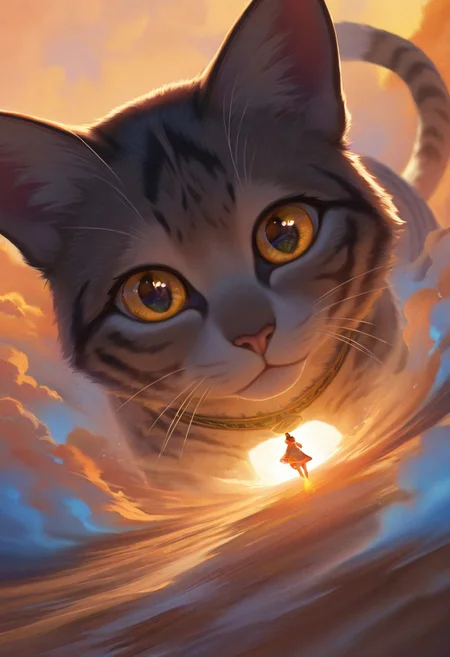 Masterpiece-level, sharp and photorealistic, fine art photography style, A close-up watercolor, ink, oil and pencil image of floating the golden lands of ancient Egypt, a cat named Bastet. Bastet was a curious and adventurous feline who, despite her natural abilities, figure made of sakura cherry blossom leaves, smoke, in the sky, colorful and vibrant, mystical colors, contemporary impressionism, iridescent painting, 3/4 perspective view, cute face, low angle, wide circular composition, big beautiful glass eyes, large irises, dynamic motion, masterpiece, best quality, amazing quality, very aesthetic, high resolution, detailed eyes, high quality, ultra-detailed, absurdres, newest, scenery, hyper-realistic, professional, moody lighting, golden hour glow, deep shadows, depth of field