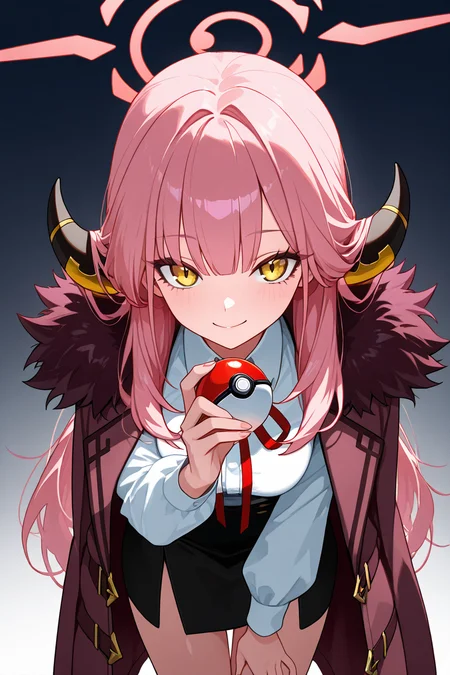 masterpiece, best quality, 1girl, solo, 21 year old model, eyelashes, (beautiful eyes), ,,,zzAru, yellow eyes, pink hair, long hair, demon horns, halo brown coat, white shirt, black skirt, red ribbon, fur-trimmed coat , <lora:AruBlueArchiveIXL:1.0>(holding pokeball), dynamic pose, cowboy shot, leaning forward, smile, looking at viewer, shiny skin,