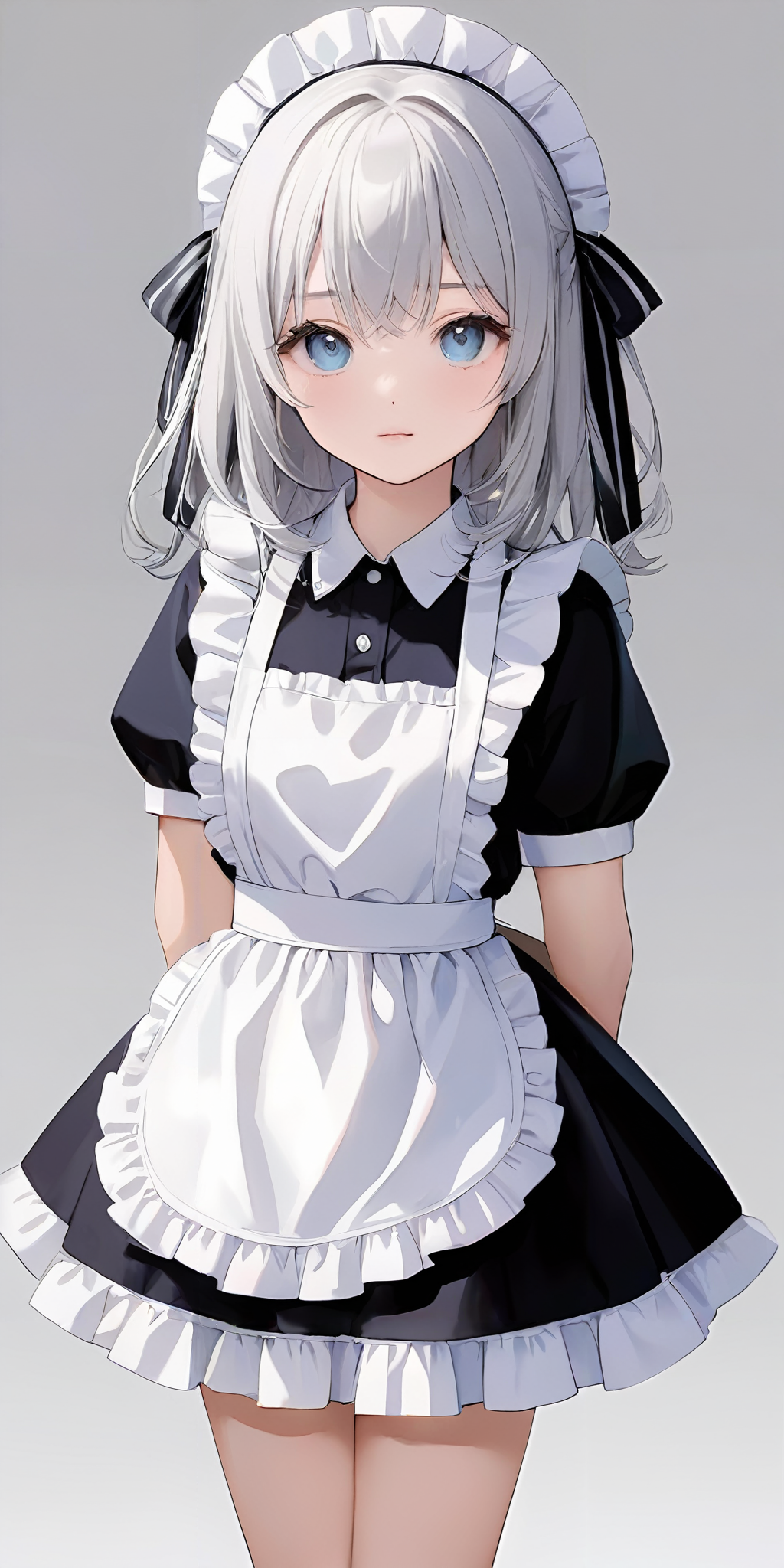 masterpiece,ultra-detailed,best quality,8K,illustration,ultra detailed face,cute face,clean skin ,shiny hair,girl,ultra-detailed-eyes, simple background,<lora:add-detail-xl:1>,cowboy shot, 
 <lora:maid_XL_V1.0:0.7> jyojifuku, frills, kneehighs,apron