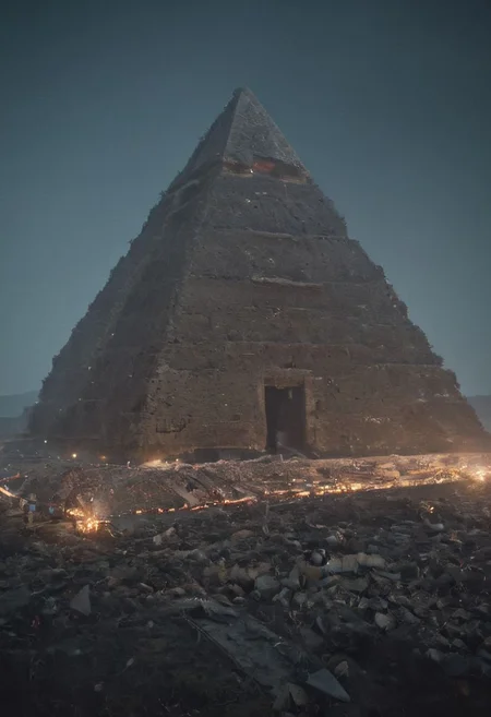(pastel neon niji colors, terraforming mecha-Pyramid Like drdnght machine hovering above planet earth 20000 bc), 
atmospheric haze, Film grain, cinematic film still, highly detailed, high budget, cinemascope, moody, epic, OverallDetail, gorgeous, 2000s vintage RAW photo, photorealistic, candid camera, color graded cinematic, eye catchlights, atmospheric lighting, skin pores, imperfections, natural, shallow dof,
extremely detailed, drdnght machine, Temple Ruin, industrialbuilding, spstation,