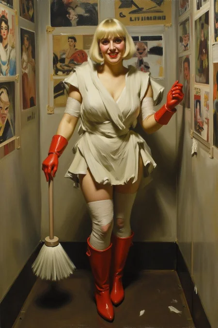 anderszorn1 painting
A Swedish woman stands confidently in a small, dingy restroom. She platinum blonde bob haircut and a fringe bangs. She is wrapped in rolls of white bandages like a mini dress, and wear bright red rubber gloves and matching boots. She holds a large toilet brush with a playful smile, juxtaposing glamour with an unexpected setting. The surrounding walls, adorned with worn posters, add a gritty, urban edge to the surreal, fashion-forward scene. <lora:anderszorn2_cap_d6a3:1.0><lora:836653951597174477:0>