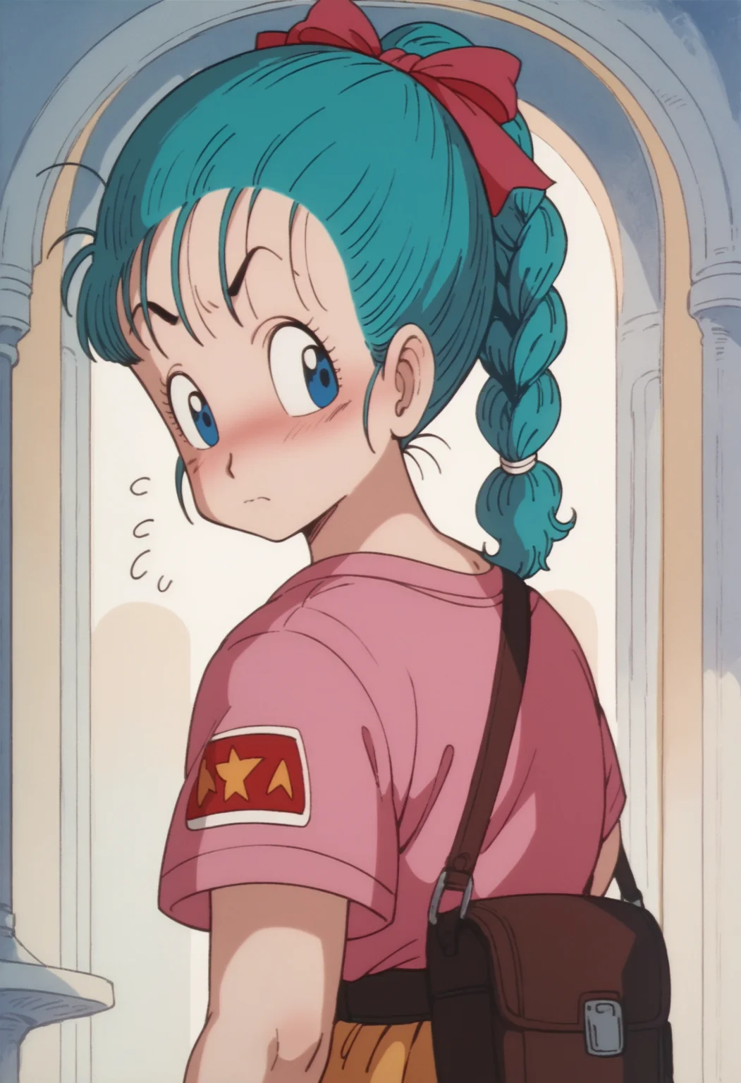 score_9, score_8_up, score_7_up, score_6_up, score_5_up, score_4_up,source_anime, indoors in a palace, looking back, embarassed expression<lora:Smooth Anime Style LoRA XL:1>    <lora:bulmdbzs1XL_Pony_v1:1> bulmdbzs1, 1girl, blue hair, blue eyes,solo, braided ponytail