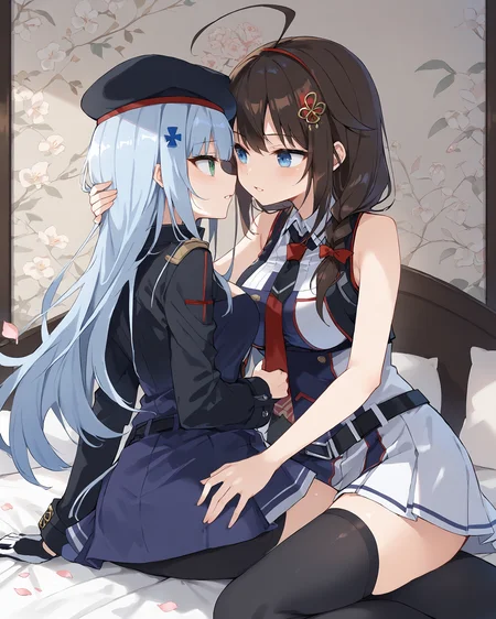 HDA_MasterpieceXLclassic, 2girls, rating_safe, yuri, looking at each other, sitting on white bed, cherry petals on bed, looking at each other, holding each other,
1girl, <lora:hk416.pony:0.9> hk416, def, white long hair, uniform, beret,
1girl, <lora:[PonyXL] Shigure Kai (ZESUMI):0.9> shigurekaisanKC, dark brown hair, single braided low ponytail, hair over shoulder, hair ornament, ahoge, pleated skirt, black gloves, black thighhighs, fingerless gloves, black skirt, sleeveless shirt, red necktie, two-tone shirt, hair flaps, white belt,