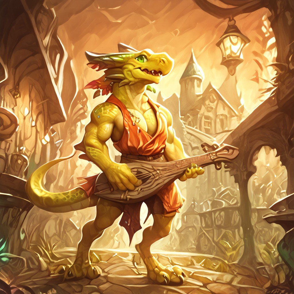 zPDXL3, score_9_up, score_8_up, score_7_up, detailed, masterpiece, full body, solo, handsome, sketch, 1boy, male focus, male, masculine, dark green eyes, pathfinder kobold, k0bold, yellow eyes, yellow skin with green scales, SkinkCohort, lizardfolk, Kobold, open chest, defined abs, defined legs, in a medieval mountain village alleyway, sunset sky with a silhouette of a winged dragon in the clouds, short size, small build, bard, lute slung on back, two black horns on head, bright orange frill on neck, tail, digitigrade legs, wearing and red tabard, digitigrade clawed feet, holding ornate rapier in one hand, fringe on tail