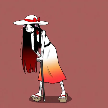 Sentaku-bune, BREAK, 1girl, solo, (animated corpse, white eyes, blank eyes, no iris, tall, skinny, (very long hair, very long bangs, straight hair, parted bangs, black hair, red gradient hair), ((cherry blossom, flower in hair)), (long skirt, sun dress, white dress, gradient dress, red gradient dress), (white_summer_hat with red ribbon, red_ribbon), belt, black belt, (stitches on body, white wraps, white bandages, arm wraps, neck wrap), geta, cane, leaning forward, hunched over), smile, full body, simple background,