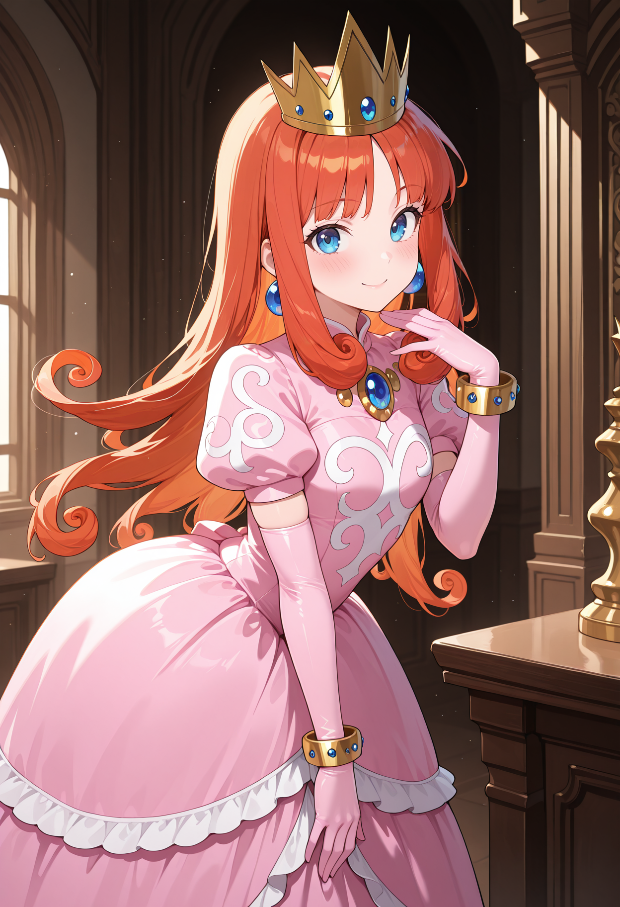 highres, best quality, masterpiece,
indoors, light particles, 
1girl, solo,
wlshkdef, long hair, red hair, orange hair, curly hair, blue eyes, earrings, crown, princess, pink dress, brooch, puffy short sleeves, print dress, elbow gloves, pink gloves, bracelet,
looking at viewer, blush, smile,
bent back, from side, hand up, standing,
<lora:_princess_shokora-elesico-ilxlA:1>