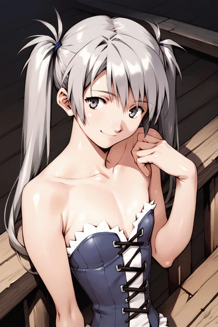 score_9, score_8_up, score_7_up, 1girl, squinting eyes smile, grey hair, full_bangs, uneven_twintails, light_grey eyes, flat chest, corset, hands_on_own_chest, wooden bridge, bright <lora:Sadamoto_Yoshiyuki_PonyXL_style_v01:1>