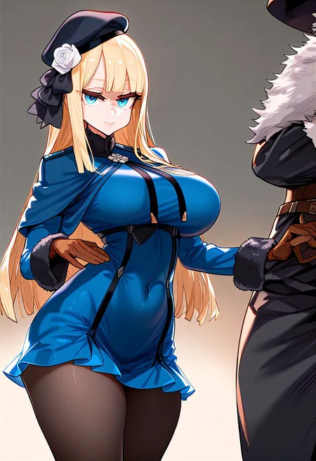 (masterpiece:1.2, best quality), (finely detailed eyes: 1.2) (ultra-detailed, hires), (detailed face, detailed eyes), (best illumination), detailed glow, high contrast, looking at viewer, solo, 1girl, ((solo)), (huge breasts, thin waist, wide hips, thick thighs), peaceful, closed mouth, adult, reines el-melloi archisorte, blonde hair, blue eyes, long hair, bangs, blunt bangs, beret, black headwear, black ribbon, blue dress, brown gloves, dress, flower, fur collar, fur trim, fur-trimmed sleeves, gloves, hair flower, hair ornament, hair ribbon, hat, long sleeves, ribbon, rose, tilted headwear, white flower, white rose, black pantyhose, random pose, no background, dark background, (masterpiece, best quality, very aesthetic, absurdres), (ultra detailed perfect piece:1.2), illustration, masterpiece, (extremely detailed CG 8k), (very fine 8K CG), <lora:add-detail-xl:-1>