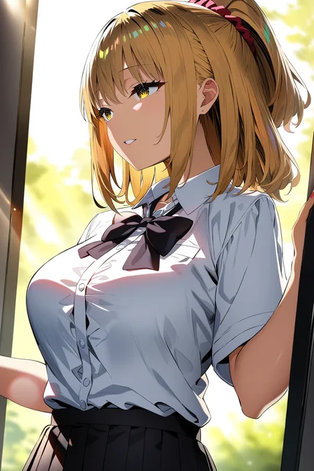 16k, 8k, 4k,
best quality, extremely detailed fine touch, hyper detailed, highly detailed, top quality, extreme quality, ultra details, absurdres, masterpiece, amazing details, beautiful illustration, detailed face,
source_anime, digital painting, anime,
very aesthetic, natural light, sun light, light rays, dappled light, reflection, shadows, ray tracing, soft lighting,
bright colors, vivid colors, hdr, volumetric lighting,
 <lora:yui2(sdxl):1> yui, 1girl, yellow eyes, long blonde hair, a high ponytail held by a hair scrunchie, large breasts, and dresses like a kogal (school uniform with white shirt tucked in, black bow, black pleated skirt),