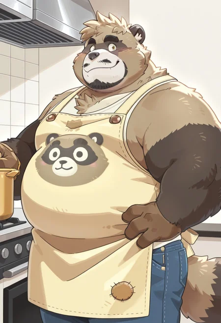 (safe for work, no naughty stuff, rating_safe), solo, masterpiece, best quality, newest, absurdres, highres, high quality, highly detailed, furry male, raccoon dog, mature male, ((highly detailed eyes, perfect eyes)), ((4 fingers)), perfect hands, hand on hip
Pong, Crave Saga, golden eyes, thick eyebrows, short hair, brown fur, two tone fur, apron, jeans, baggy garments, kitchen background, soft lighting, chubby, beard