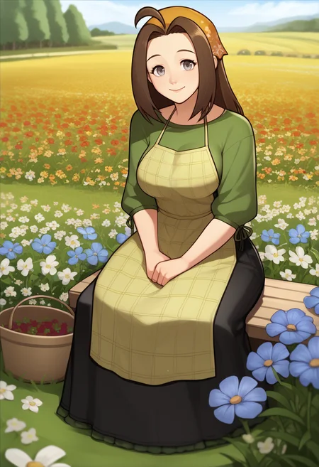 score_9, score_7_up, BREAK, solo, 1girl, smile, looking at viewer, closed mouth, <lora:asr_pd_glora:1>, <lora:Celia-pdxl_Fp:1>, celiahm, brown hair, grey eyes, ahoge, long hair, bandana, green shirt, apron, skirt, large breasts, outdoors, sitting, field, flower,