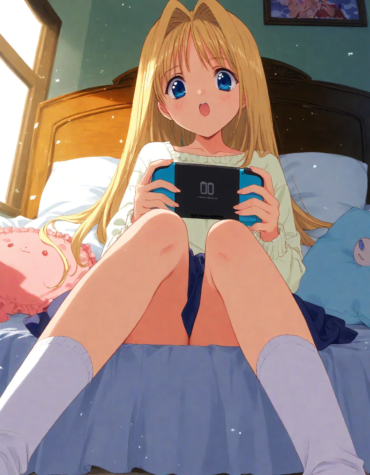 score_9, score_8_up, score_7_up, masterpiece, best quality, absurdres, official art, official style, (anime coloring, anime screencap, megami magazine, flat color:1.3), zPDXL2, zPDXLxxx,
<lora:Nanase_Aoi_Style_Pony_v1:1.0>, 1girl, solo focus, Nanase_Aoi_Style
bedroom, on bed, bed sheet, dim lighting, light particles, (from below:1.3), looking at viewer, dutch angle, 
, indoors, long sleeves, wariza, socks, tiles, blue eyes, handheld game console, blonde hair, nintendo ds, sitting, white legwear, long hair, perspective, bed, pillow, tile floor, open mouth, holding, holding handheld game console, playing games