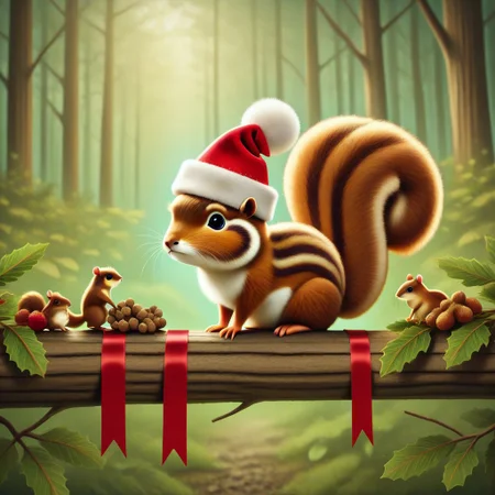 animal christmas, christmas theme,
animal focus, no humans,
squirrel, nuts, forest, christmas hat, ribbon,
masterpiece, best quality, absurdres