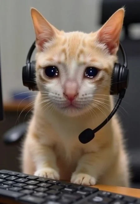 realistic photo of crying cat wearing a headset at a call center