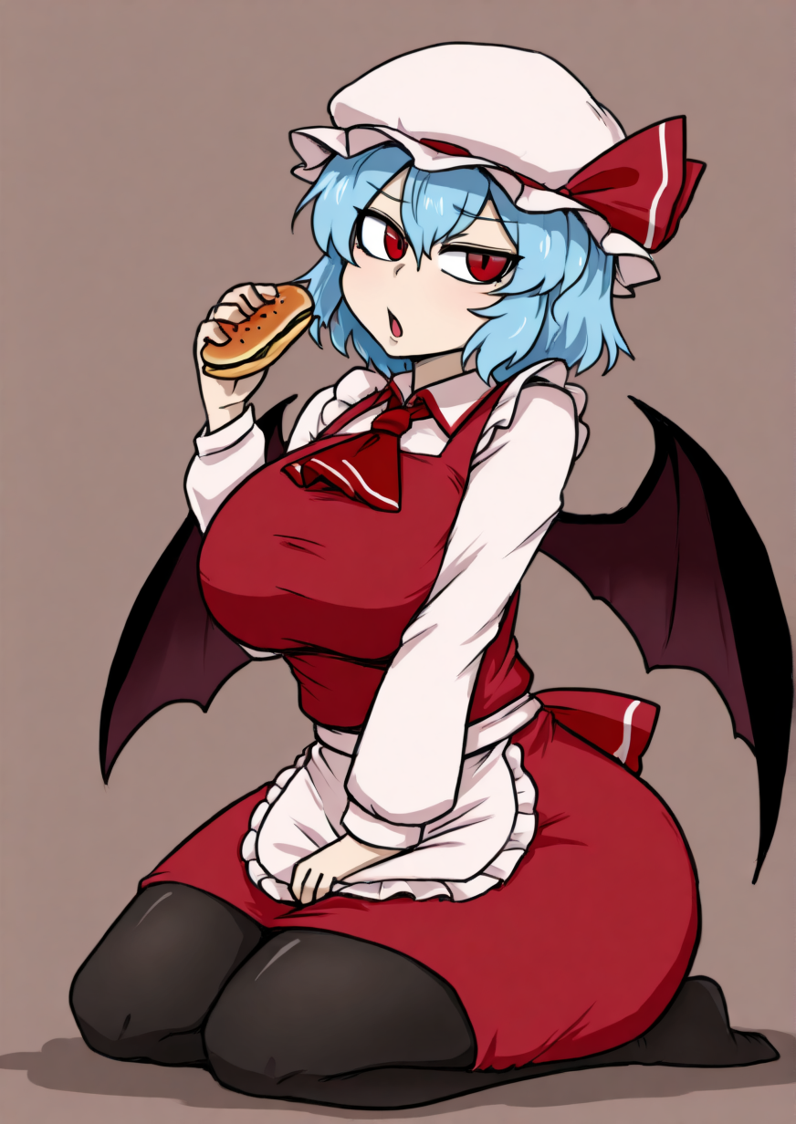 <lora:nice_tackãã¤ã¹å®:1.1>,1girl, remilia scarlet, huge breasts, wide hips, blonde hair, , touhou, alternate costume, apron, ascot, bat wings, black pantyhose, blue hair, brown background, dress, food, frilled apron, frills, grey background, hair between eyes, hand up, hat, hat ribbon, holding, holding food, long sleeves, looking at viewer, mob cap, one-hour drawing challenge, open mouth, pantyhose, pinafore dress, red ascot, red dress, red eyes, red ribbon, ribbon, seiza, shadow, shirt, sitting, sleeveless, sleeveless dress, solo, thighs, two-tone background, waist apron, white apron, white headwear, white shirt, wings, 
very awa, masterpiece, best quality, highres, absurdes,amazing quality,very aesthetic,intricate details, <lora:hand 5.5:1>