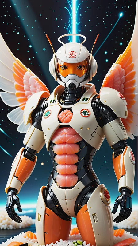 <lora:SushiStyleXL:1>SushiStyle solo, (full body:0.6), looking up, detailed background, detailed face, (<lora:DonMASKTex:0.4>, energy tubes, glowing liquid, rotators, DonMASKTex theme:1.1), space engineer, specialist, futuristic, headset,,cybernetic implants analysis, scanner probe,,floating particles droid in background, lens flare, cinematic atmosphere, **(wings, magic:1.1),**, made out of sushi, sashimi, rice, (japanese:0.5), crafted with sushi, (Masterpiece:1.3) (best quality:1.2) (high quality:1.1)