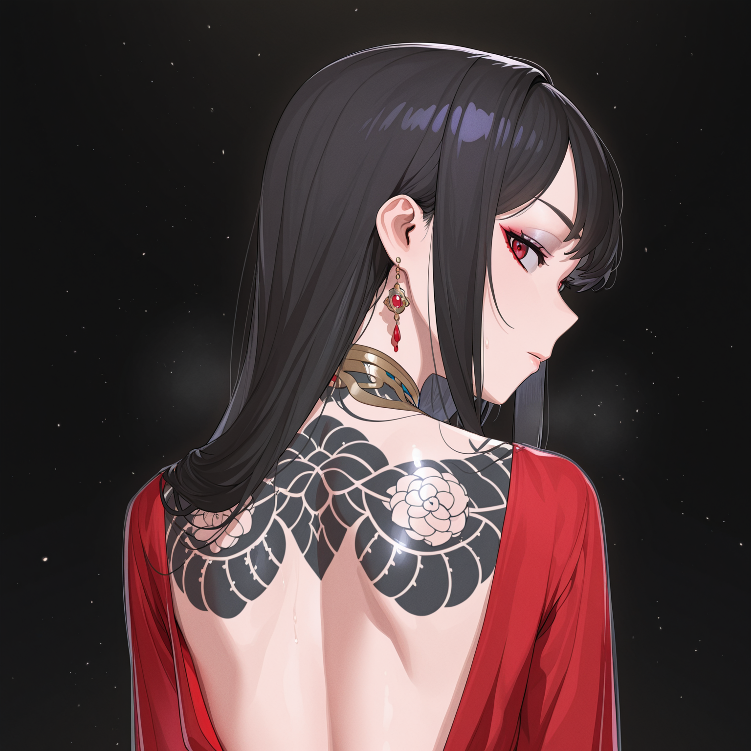 masterpiece, best quality, t4bbt0, 1girl, from behind, long hair, black hair, looking at viewer, looking back, tattoo, back focus, eyeshadow, red eyes, black background, dress, jewelry