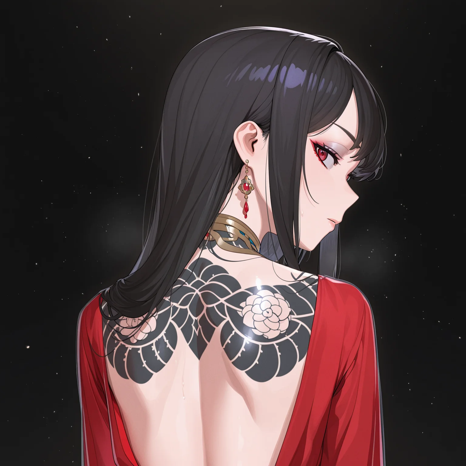 masterpiece, best quality, t4bbt0, 1girl, from behind, long hair, black hair, looking at viewer, looking back, tattoo, back focus, eyeshadow, red eyes, black background, dress, jewelry