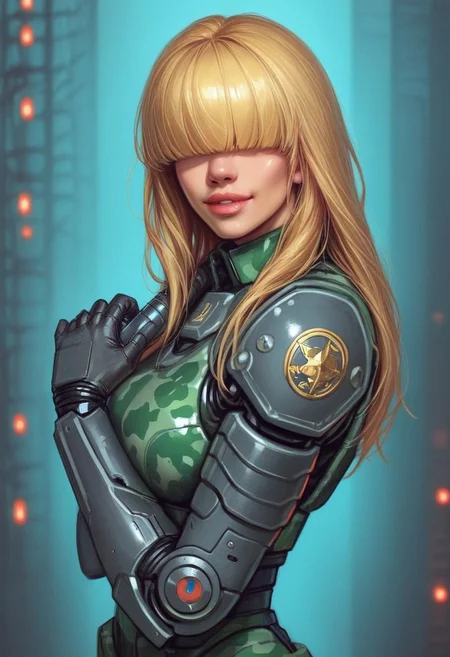 1girl, ((side view))), looking at viewer, highly detailed, from front, 1girl, skinny, looking at viewer, masterpiece, best quality,
raw, extremely detailed, hyperrealism, photo, perfect anatomy, <lora:grewishka_alita_pxl:1> source_photo, source_real, robot, cyborg, android, solo, looking at viewer, 1girl, full body, ((special force camo armor)), high heels, neon_lights, dynamic pose, pistols in hands
BREAK
fang smile, looking at viewer, long hair, ((blonde highlighting hair)), (((hair over eyes, front bangs))), long hair, dynamic pose
best quality, depth of field, bokeh, (((full clothed))), ((special force camo armor)),
BREAK
((((big futuristic gun in hands)))), (big futuristic pistol in hands:1.3), sc-fi soldier, dynamic pose, military camo armor
(((((rooftop, night city, neon lights))))) score_9, score_8_up, score_7_up, score_6_up, source_cartoon, rating_explicit, Expressiveh, (((((upper body))))), dynamic pose