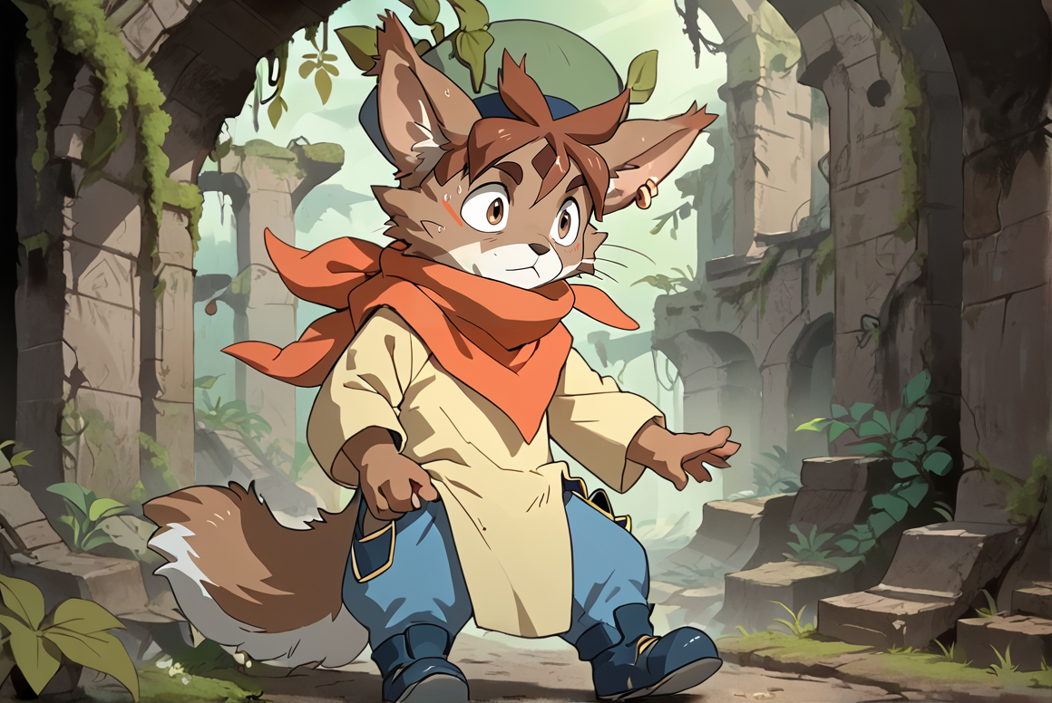 score_9, score_8_up,score_7_up, 
 <lora:Freddie_Gundam_Build_Divers_ReRISE_for_PonyXL:0.8>  1boy, furry male, fr3ddi3, solo, animal ears, brown eyes, earrings, scarf, tail, hat, shoes, 
ruins, moss, ivy,