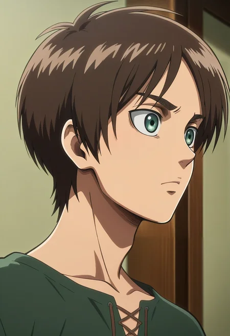 masterpiece, best quality, intricate details, anime screencap, , official style, , , 1boy, solo, male focus, <lora:eren_yeager_ilxl:0.92>, eren_yeager, brown hair, green eyes, ,