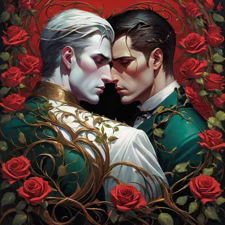 two men embrace front to back, looking away from each other, sad, downturned faces, tears, gothic, tragic romance, gay, gorgeous, cinematic, intricate, Art Nouveau roses and vines border, broken hearts, sorrow, tears, broken, concept art, oil painting, vivid colors, red, black, green, brown, white, yellow, purple, teal,