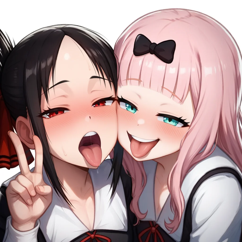 score_9, score_8_up, score_7_up, <lora:fluffy_kaguya-sama:0.4>, fluffy, 2girls, shuuchiin academy school uniform, black dress, upper body, <lora:add-detail-xl:3>,
BREAK
kaguya, kaguya horny face, horny, blush, open mouth, tongue out, double v,
BREAK
chika, chika smug face, smug, blush, open mouth, tongue out,