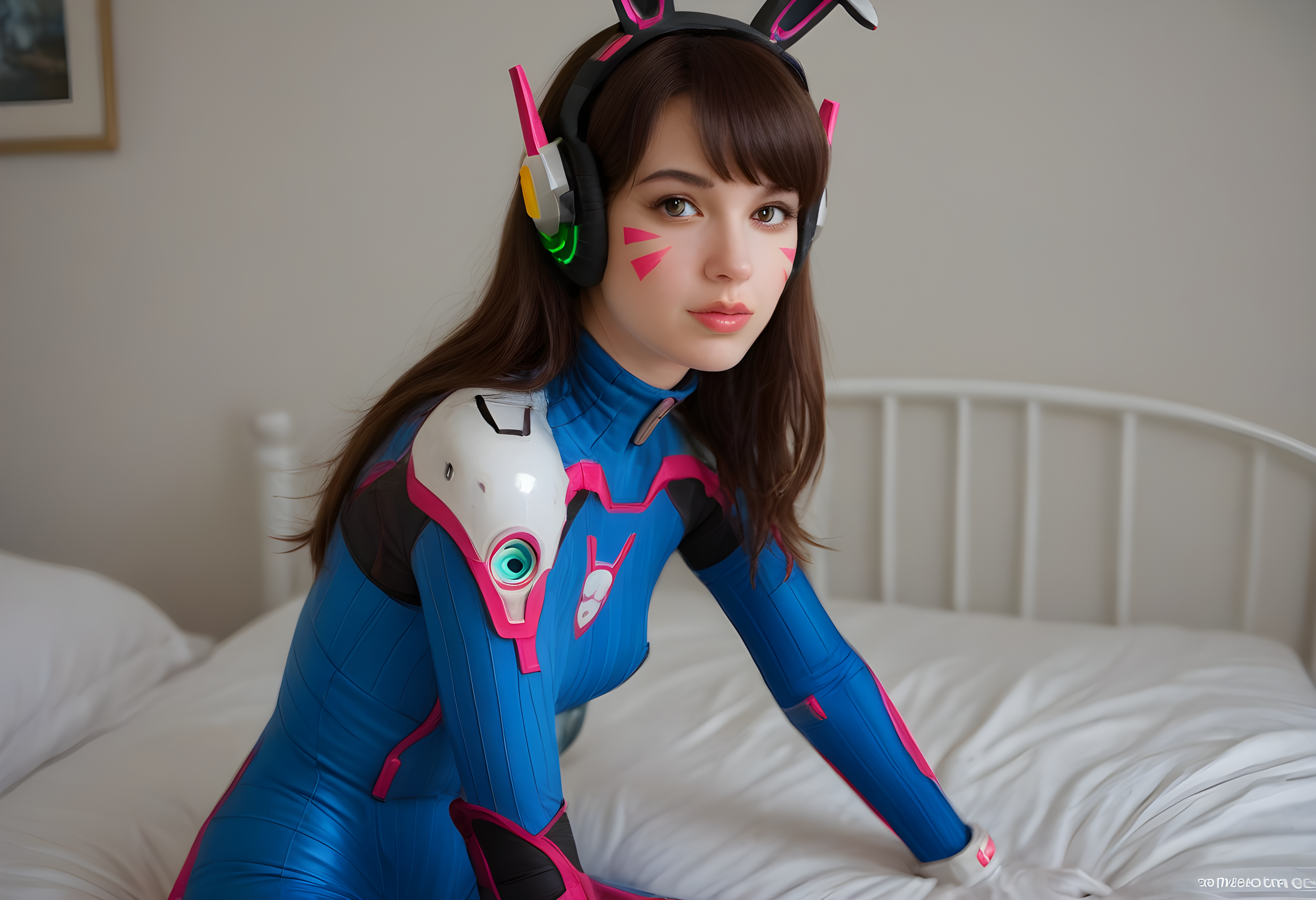 score_9, score_8_up, score_7_up, BREAK, The image shows a woman in a blue and white cosplay costume sitting on top of a bed, wearing headphones and surrounded by a white bed sheet. In the background, there is a wall with a watermark on it. realistic, d.va \(overwatch\), 1girl, solo, long hair, breasts, looking at viewer, bangs, brown hair, gloves, brown eyes, medium breasts, sitting, small breasts, white gloves, lips, bodysuit, bed, swept bangs, headphones, on bed, facial mark, animal print, skin tight, high collar, pink lips, nose, pilot suit, whisker markings, facepaint, shoulder pads, blue bodysuit, bunny print, ribbed bodysuit,  photo, real hair, detailed skin, highly detailed, detailed skin, film grain, <lora:zy_AmateurStyle_v2:0.45>