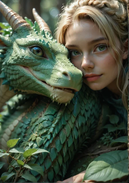 score_9, score_8_up, score_7_up, score_6_up, MyNewFantasy, realistic, close up, women, myhstical mage, nature, green, blonde hair, high pony tail, cute dragon, chill, cuddle