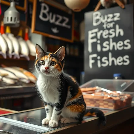 Calico Kitten sitting at counter of a fish store; demanding "Buzz" from customers; the store has a board written "Buzz for Fresh Fishes"