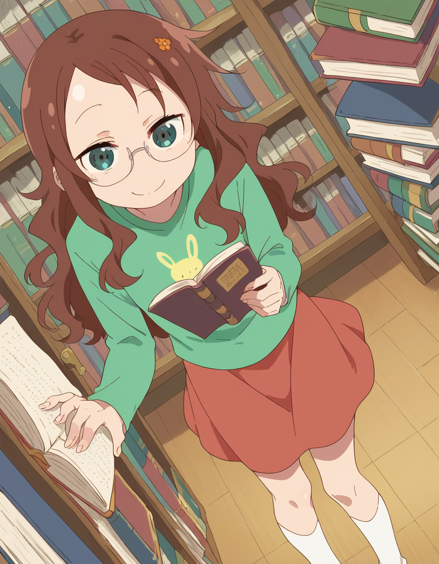 score_9, score_8_up, score_7_up, source_anime, <lora:riko-saikawa-s2-ponyxl-lora-nochekaiser:1>, riko saikawa, long hair, brown hair, green eyes, hair flower, hair ornament, flower,, skirt, shirt, long sleeves, red skirt, white socks, green shirt,, library, reading books, glasses, quiet, focused, shelves of books, smile, looking at viewer, from above,, solo,, dutch angle,