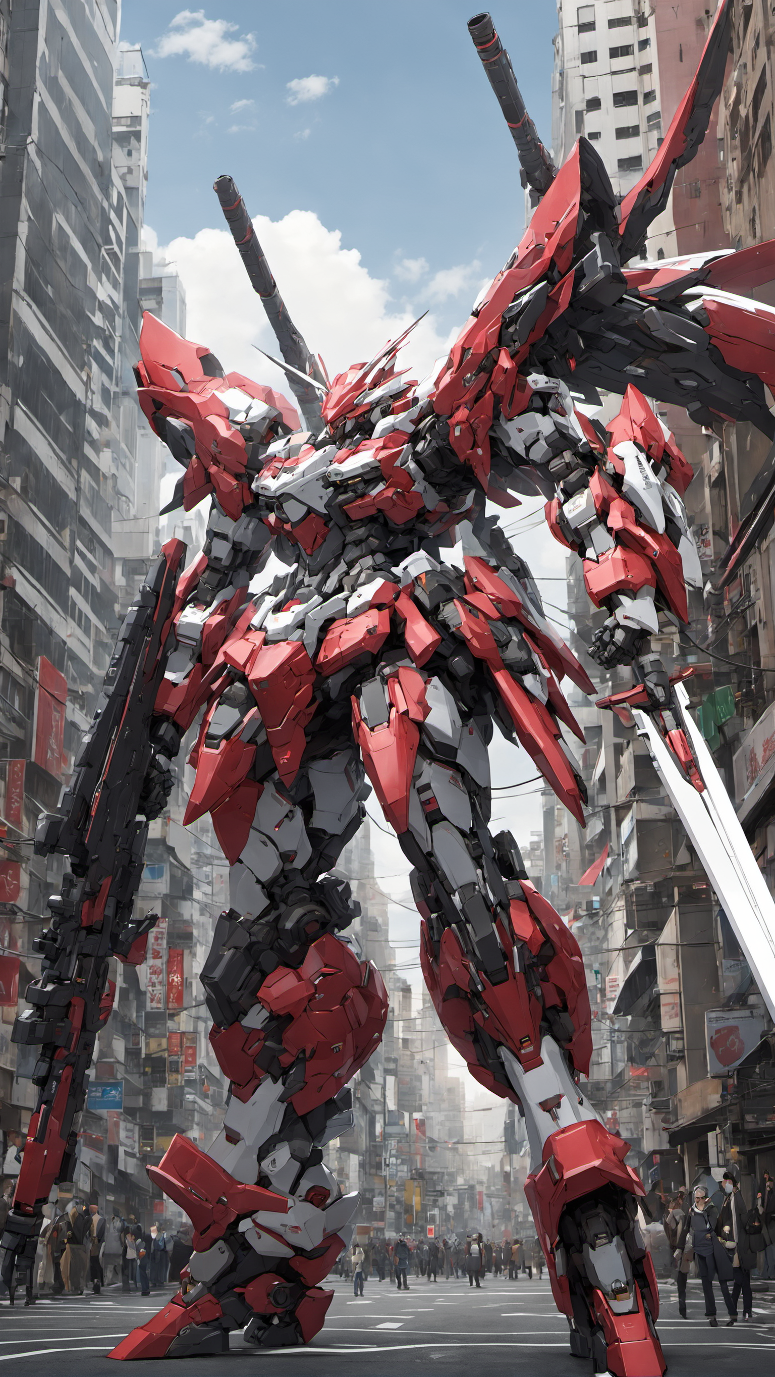 (RRS:1.2), best quality, masterpiece, ultra-detailed, mecha robot, (ultra-detailed mecha armor), full armor, (very large size mecha:1.5), city, glowing eyes,  (full body:1.2), (mechanical parts:1), (robot joints:1),  (military parts:1.5), (heroic parts:0.1), cable, (battle-ready:1.2),(powerful stance:1.3),(Detailed eye description:1.2),(huge mechanical weapon:1.2), (detailed weapon description:1.2),  (holding weapon and weapon :1.5)<lora:srdxl_v1f:0.4>