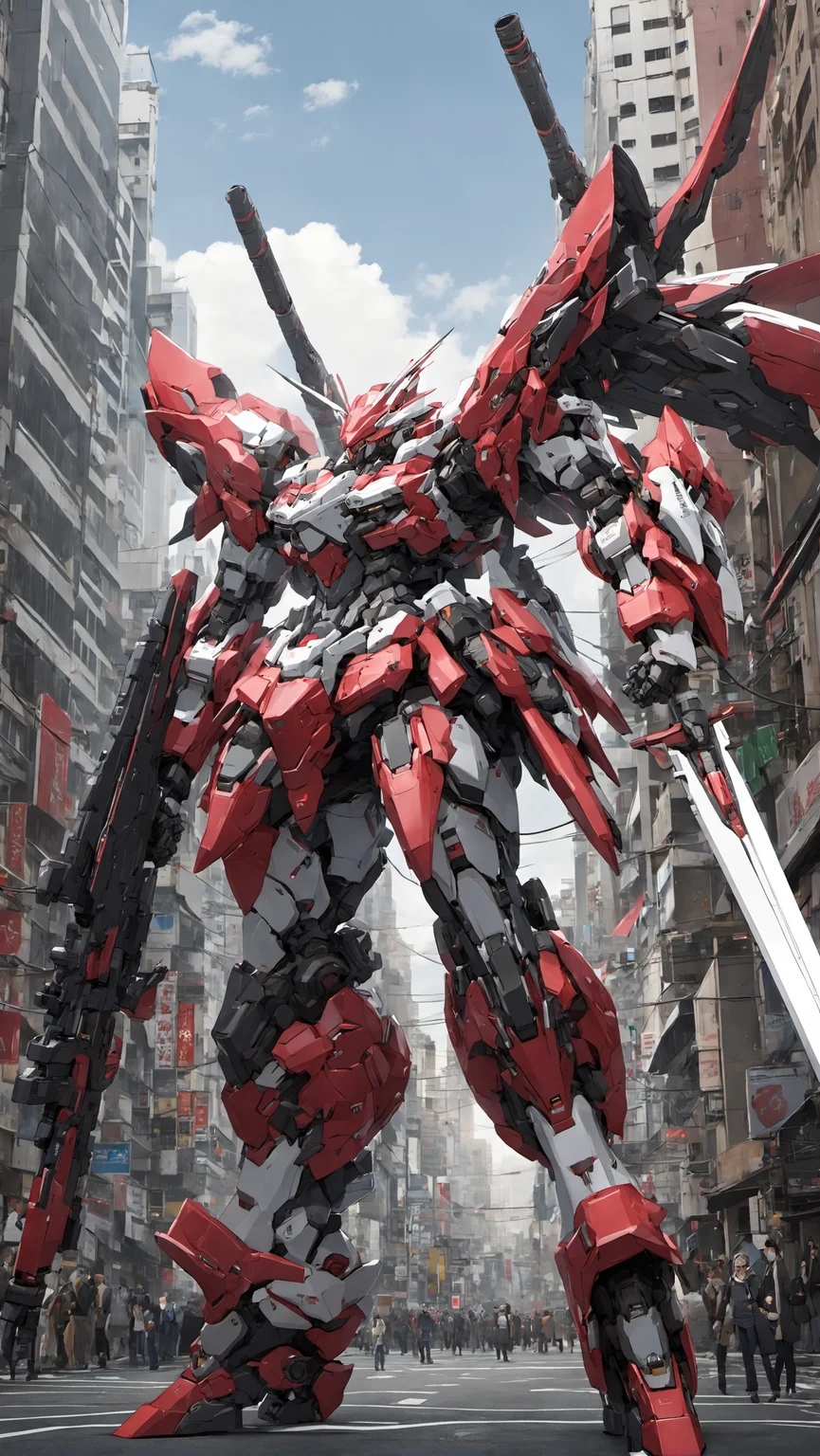 (RRS:1.2), best quality, masterpiece, ultra-detailed, mecha robot, (ultra-detailed mecha armor), full armor, (very large size mecha:1.5), city, glowing eyes, (full body:1.2), (mechanical parts:1), (robot joints:1), (military parts:1.5), (heroic parts:0.1), cable, (battle-ready:1.2),(powerful stance:1.3),(Detailed eye description:1.2),(huge mechanical weapon:1.2), (detailed weapon description:1.2), (holding weapon and weapon :1.5)<lora:srdxl_v1f:0.4>