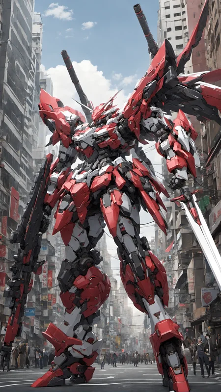 (RRS:1.2), best quality, masterpiece, ultra-detailed, mecha robot, (ultra-detailed mecha armor), full armor, (very large size mecha:1.5), city, glowing eyes, (full body:1.2), (mechanical parts:1), (robot joints:1), (military parts:1.5), (heroic parts:0.1), cable, (battle-ready:1.2),(powerful stance:1.3),(Detailed eye description:1.2),(huge mechanical weapon:1.2), (detailed weapon description:1.2), (holding weapon and weapon :1.5)<lora:srdxl_v1f:0.4>