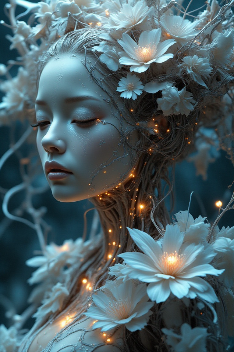 Abstract Lighting Effects, Hyperrealism, Midjourney Style, Photorealism, Cinematic, High Fidelity, Realism, Light Play,
analog style, smooth soft skin, close-up beautiful fractal flower decorated with snow-white Japanese empress beautiful body, science fiction, futuristic, utopian, machine parts, body parts, wires, circuits, high detail, octane rendering, cinematic, Ayami Kojima, Karol Bak, Greg Hildebrandt and Mark Brooks, hauntingly surreal, gothic, highly detailed and intricate, rich deep colors., science fiction, intricate artistic masterpiece, ominous, matte film poster, golden ratio, trending cgsociety, twisted, epic, trending on artstation, author artgerm, ch.r. Giger and Beksinski, science fiction, intricate art masterpiece, sinister, matte painting movie poster, golden ratio, trending cgsociety, intricate, epic, trending on artstation, by artgerm, h. R. Giger and Beksinski, highly detailed, vibrant, cinematic character rendering, ultra-high quality model