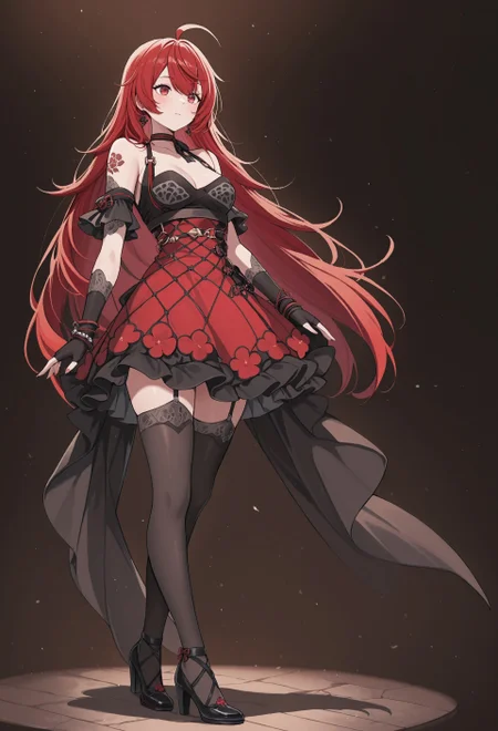 masterpiece, best quality, very aesthetic, DRNoNo, 1girl, solo, female focus, red hair, very long hair, red eyes, medium breasts, full body, standing, ShortDressNoNo, alternate outfit, official alternate hairstyle, ahoge, black earrings, ribbon choker, bare shoulders, detached sleeves, black fingerless gloves, elbow gloves, bracelet, tattoo, halter dress, red dress, red bustle, zettai ryouiki, garter straps, black thighhighs, black high heels, lace-trim, two-tone dress,