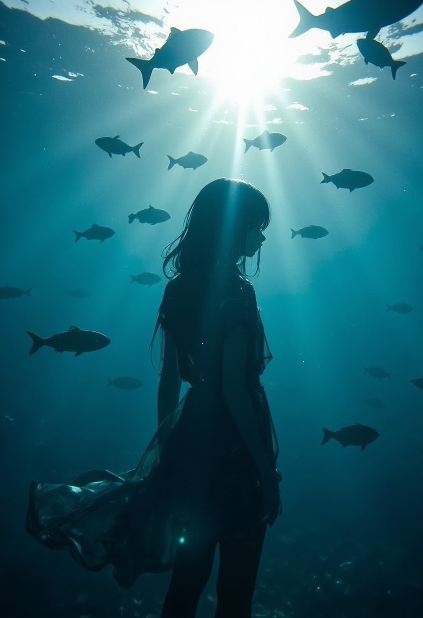 underwater, negative, a girl underwater along with fishes, sun ray passing though water, view from below, sun visible though water.