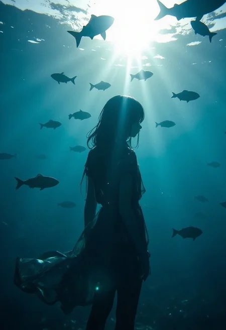 underwater, negative, a girl underwater along with fishes, sun ray passing though water, view from below, sun visible though water.